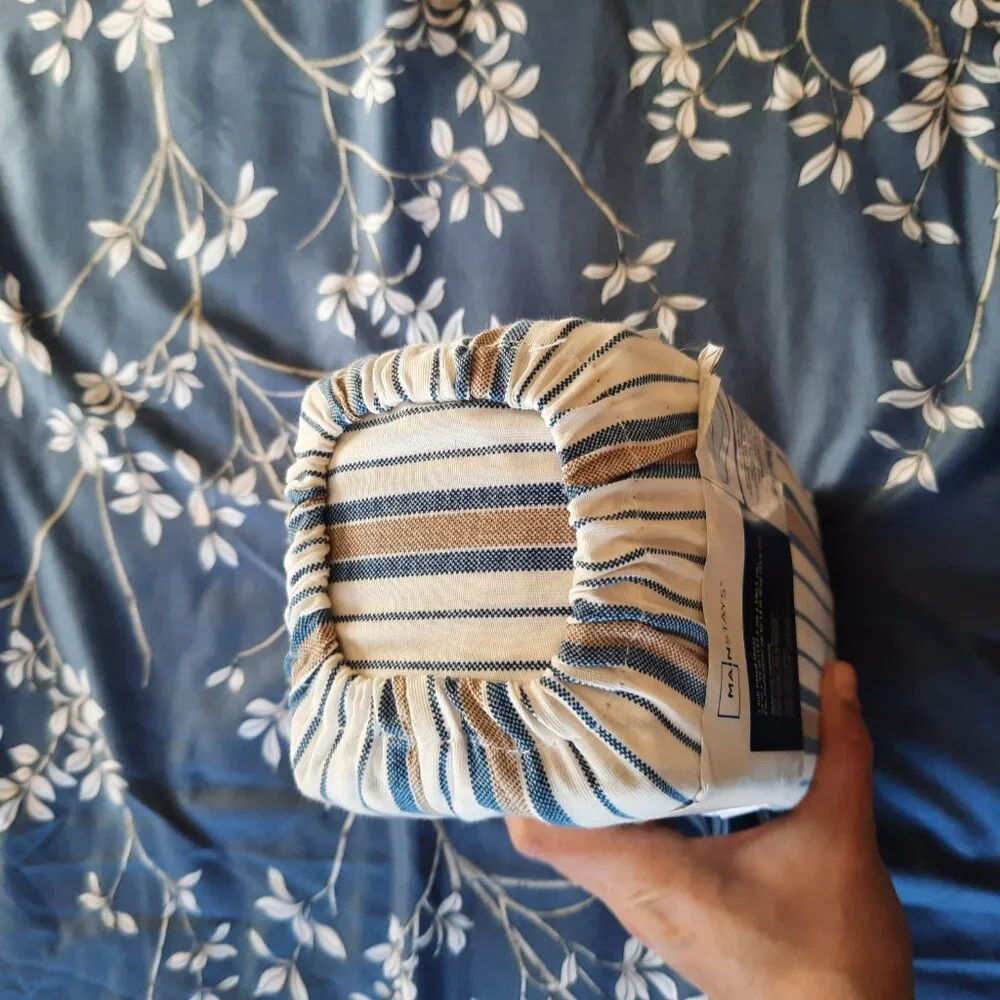 MAINSTAYS Shirt Stripe Print Cotton Percale Fitted Sheet NWT! - Blue/Tan, FULL